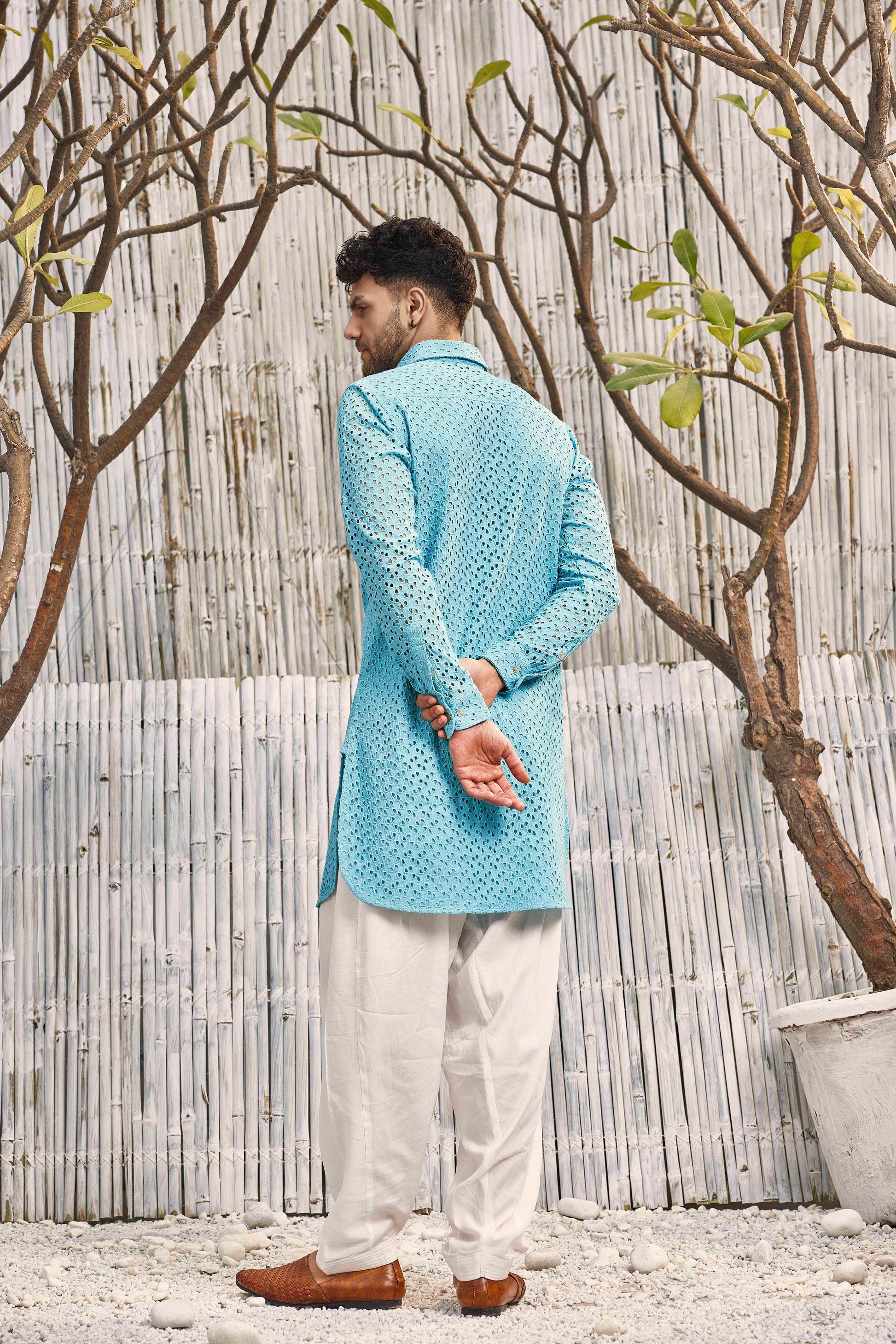Cutwork Pathani with Salwar - Set of 2 - Blue at Kamakhyaa by Charkhee. This item is Blue, Cotton, Cotton Satin, Festive Wear, Kurta Salwar Sets, Mens Co-ords, Menswear, Natural, Regular Fit, Schiffli, Shores 23, Textured
