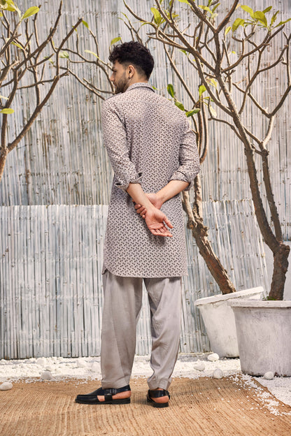 Cutwork Pathani with Salwar - Set of 2 -Grey at Kamakhyaa by Charkhee. This item is Cotton, Cotton Satin, Festive Wear, Grey, Kurta Salwar Sets, Mens Co-ords, Menswear, Natural, Regular Fit, Schiffli, Shores 23, Textured