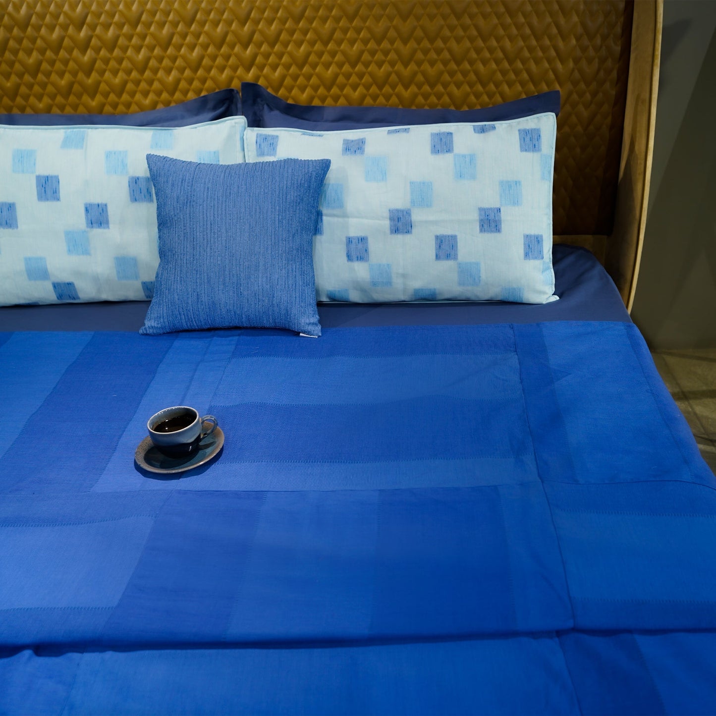 Denim Crossweave Bed Cover with Pillow Covers & Cushion/s at Kamakhyaa by Aetherea. This item is 100% Cotton, Bed Covers, Blue, Cushion, Denim, Frills, Home