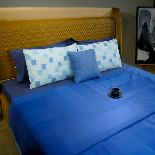 Denim Crossweave Bed Cover with Pillow Covers & Cushion/s at Kamakhyaa by Aetherea. This item is 100% Cotton, Bed Covers, Blue, Cushion, Denim, Frills, Home