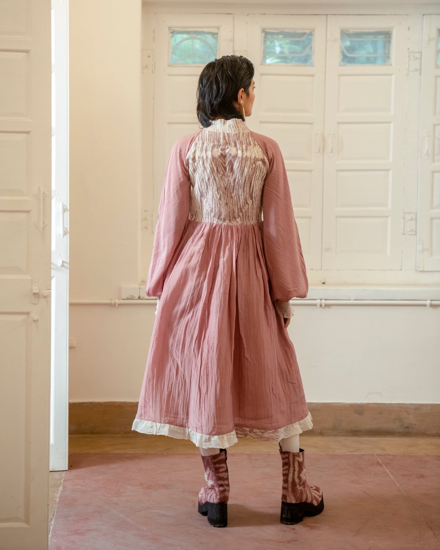Dusty Blush at Kamakhyaa by The Loom Art. This item is Casual Wear, Chanderi Organza Silk, Fitted At Waist, July Sale, July Sale 2023, Lucid Dreams, Luicid Dream, Midi Dresses, Organic, Pink, Solids, Womenswear