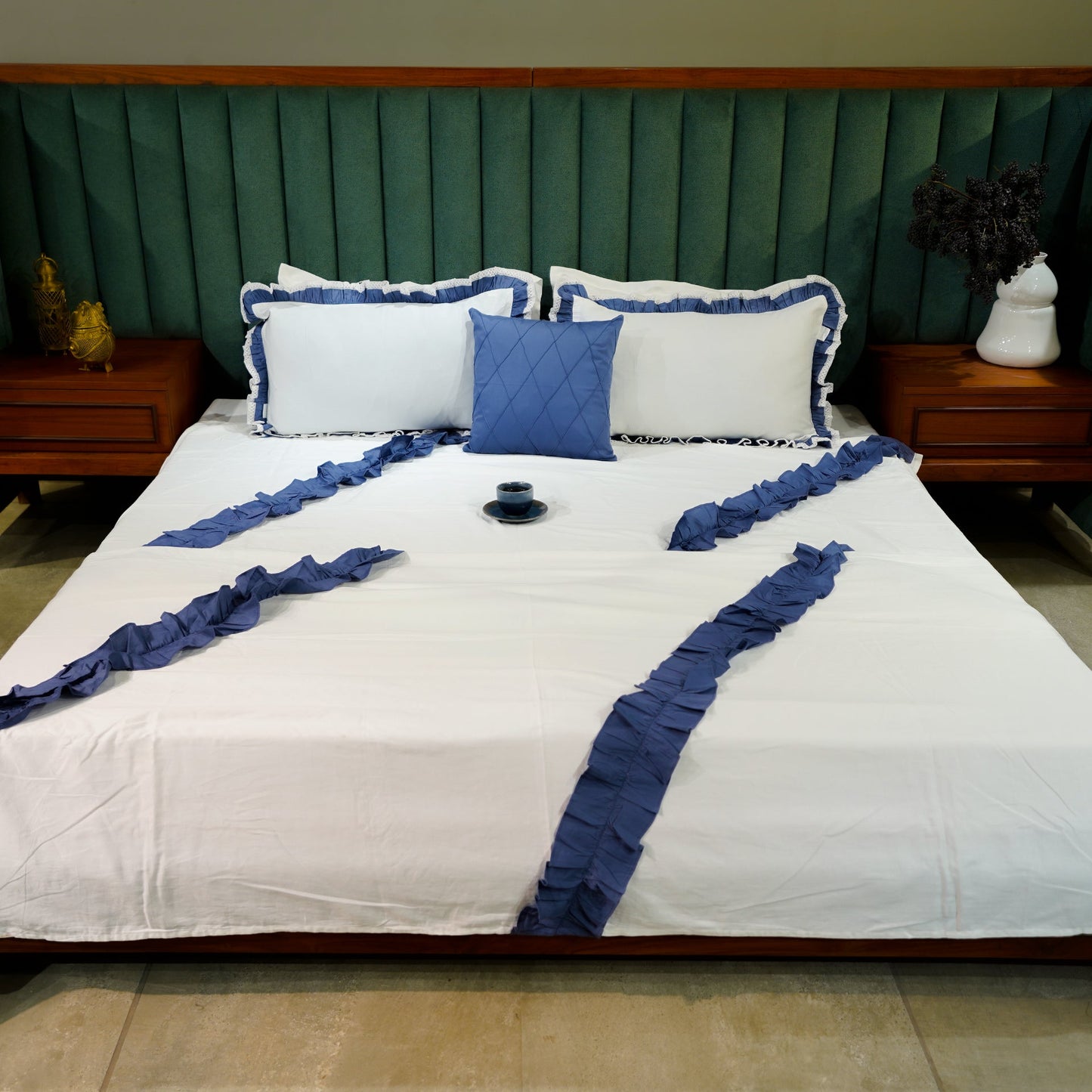 Enriched Frill Bed Cover with Pillow Covers & Cushion/s at Kamakhyaa by Aetherea. This item is 100% Cotton, Bed Covers, Blue, Frills, Home, White