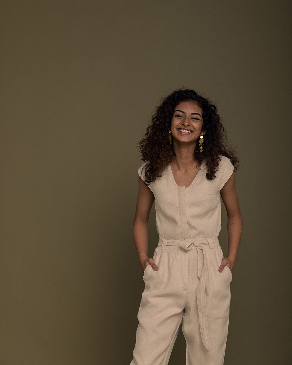 Evening Chai Jumpsuit - Sand Beige at Kamakhyaa by Reistor. This item is Brown, Casual Wear, fall, Hemp, Jumpsuits, Natural, Regular Fit, Solid Selfmade, Solids, Womenswear