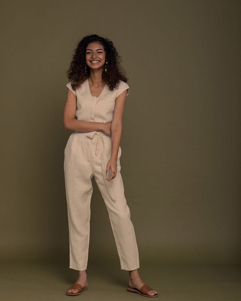 Evening Chai Jumpsuit - Sand Beige at Kamakhyaa by Reistor. This item is Brown, Casual Wear, fall, Hemp, Jumpsuits, Natural, Regular Fit, Solid Selfmade, Solids, Womenswear