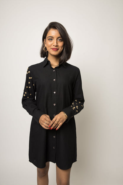 Floral Sleeves Shirt Dress at Kamakhyaa by Anushé Pirani. This item is 100% Cotton, Black, Casual Wear, Embellished, Handwoven cotton, Shirt Dresses, Solids, The Festive Edit, Womenswear