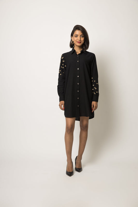 Floral Sleeves Shirt Dress at Kamakhyaa by Anushé Pirani. This item is 100% Cotton, Black, Casual Wear, Embellished, Handwoven cotton, Shirt Dresses, Solids, The Festive Edit, Womenswear