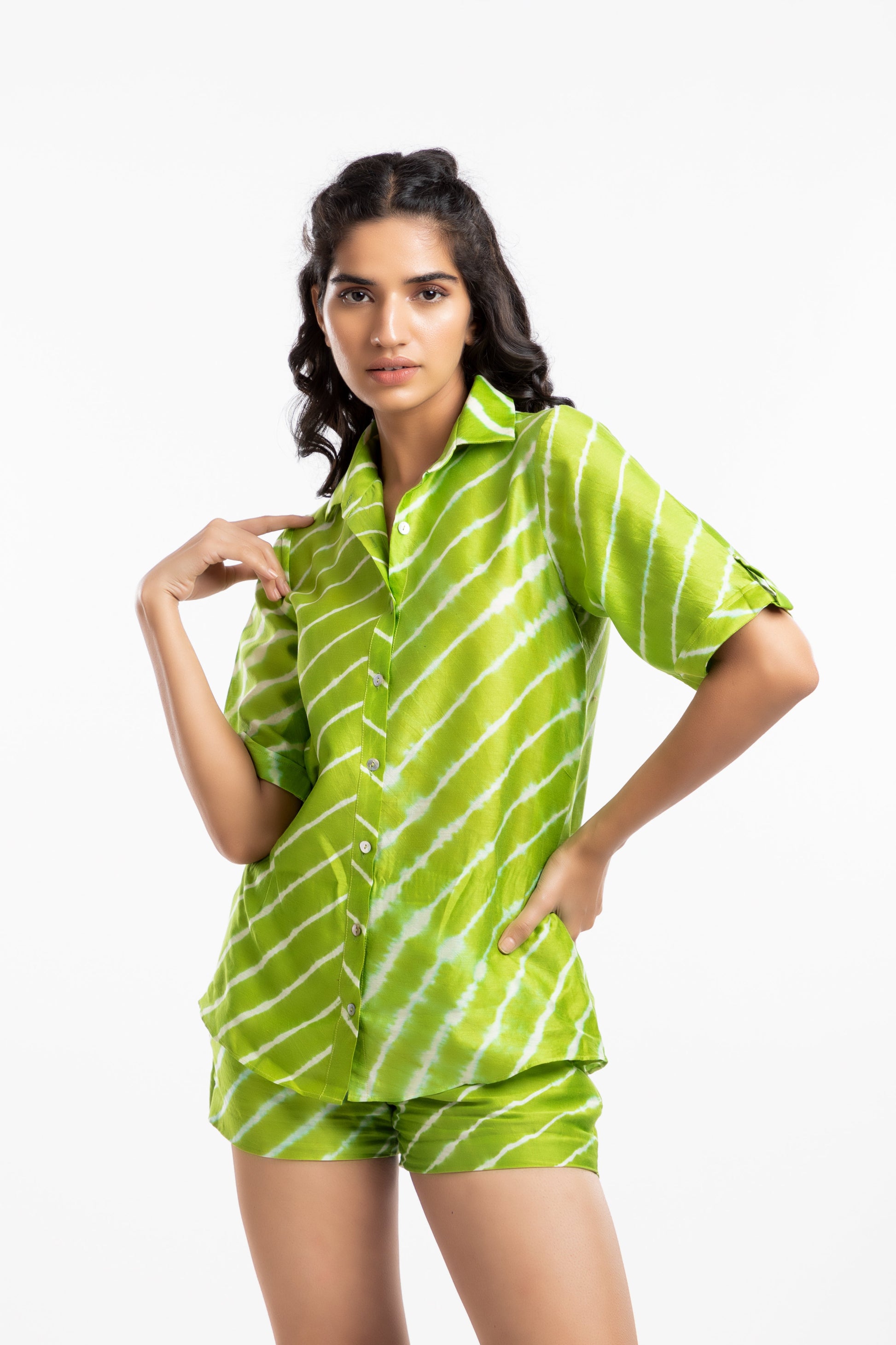 Green Shirt at Kamakhyaa by House Of Ara. This item is Casual Wear, Chanderi, Cotton, Green, Leheriya, Leheriya Collection, Natural, Regular Fit, Shirts, Silk, Stripes, Womenswear