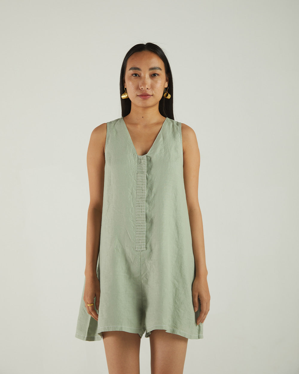 Green Sleeveless Olive Jumpsuit at Kamakhyaa by Reistor. This item is Bemberg, Best Selling, Casual Wear, Grey, Hemp, Jumpsuits, Natural, Regular Fit, rompers, Solids, Womenswear