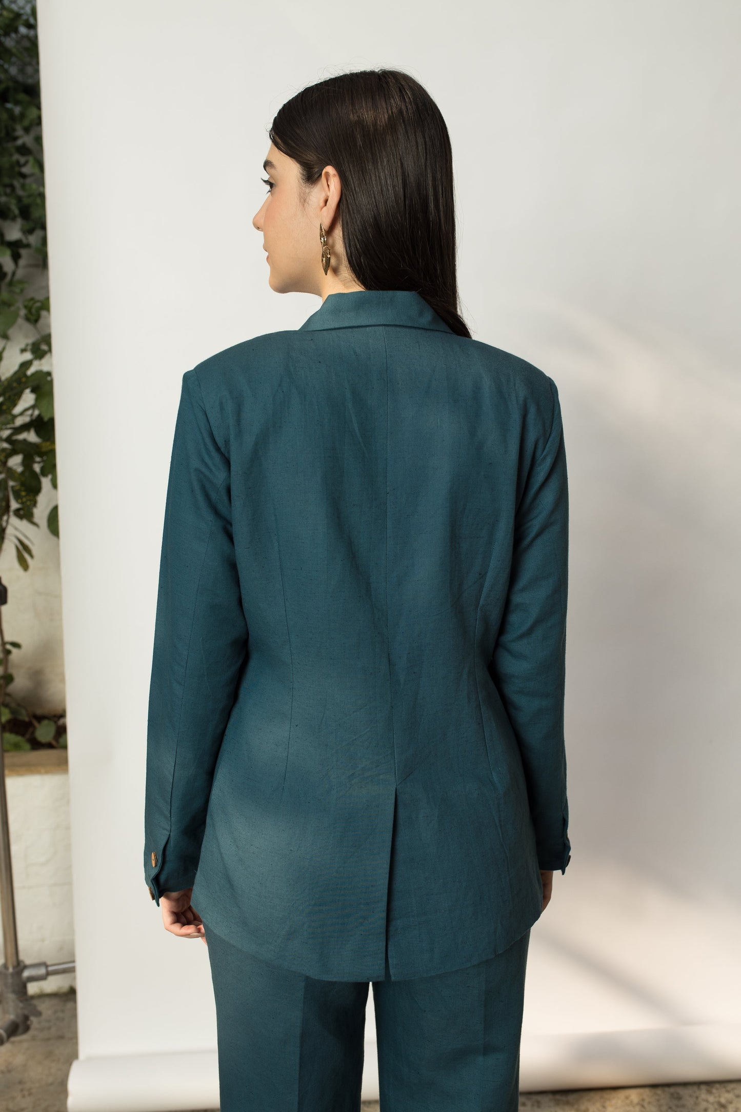 Green Solid Blazer with Buttons at Kamakhyaa by Anushé Pirani. This item is Buttons, Cotton Hemp, Green, Jackets, Nostalgic Whispers, Slim Fit, solid, Womenswear