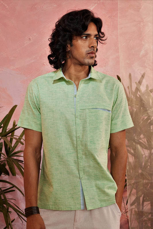 Green Textured Half Sleeve Shirt at Kamakhyaa by Charkhee. This item is Casual Wear, Cotton, Green, Less than $50, Menswear, Natural, Regular Fit, Shirts, Textured, Tops