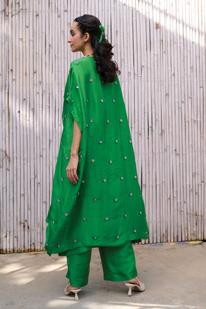 Green Three Piece Set at Kamakhyaa by Kanelle. This item is Festive Wear, Green, Hand Embroidered, Natural, Partywear Co-ord, Partywear Co-ords, Rang, Regular Fit, Viscose Silk, Womenswear