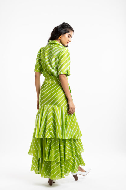 Green Tiered Ruffled Skirt at Kamakhyaa by House Of Ara. This item is Casual Wear, Chanderi, Fitted at Waist, Green, Leheriya, Leheriya Collection, Maxi Skirts, Natural, Prints, Skirts, Stripes, Womenswear