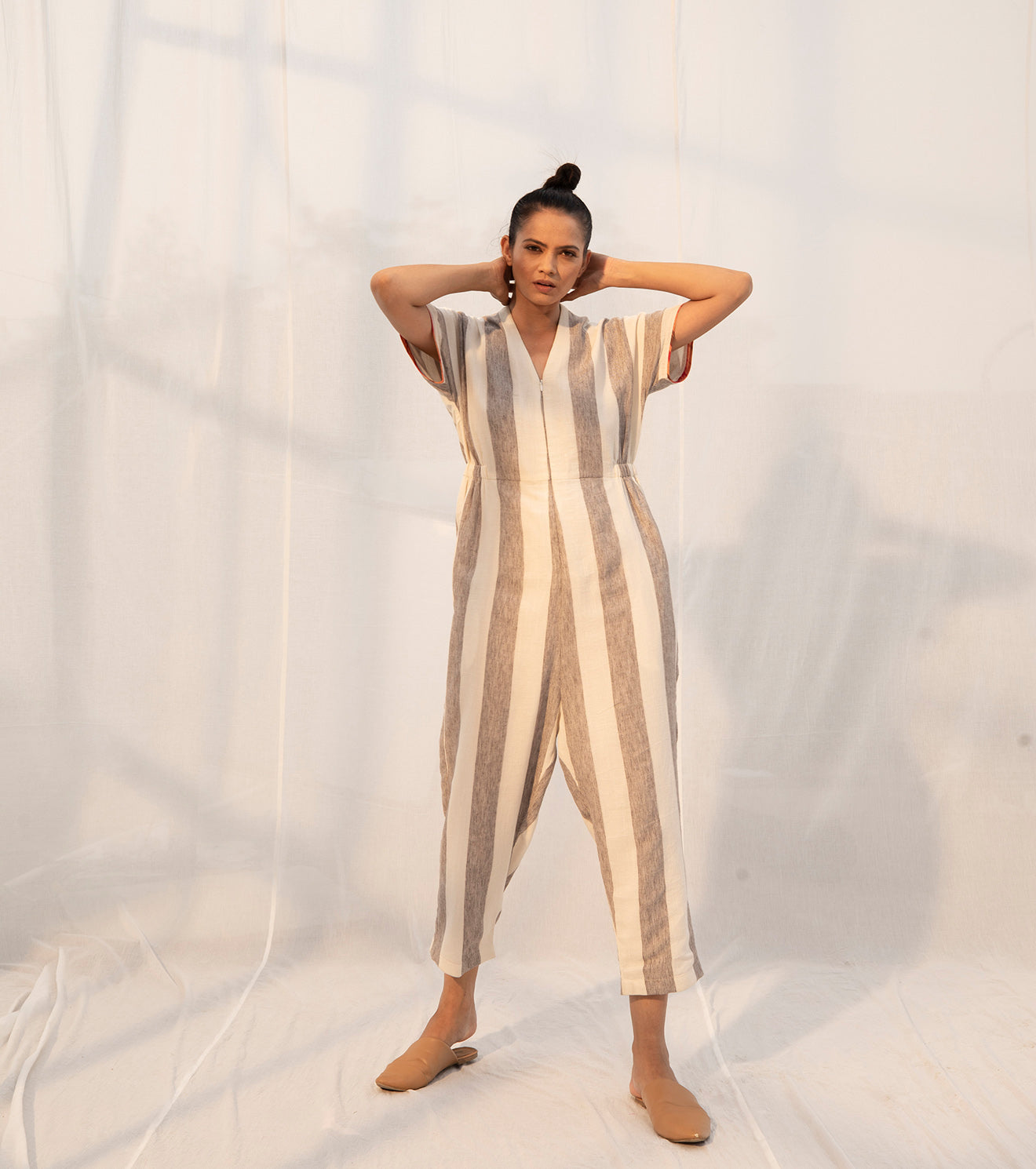 Grey and deals white striped jumpsuit