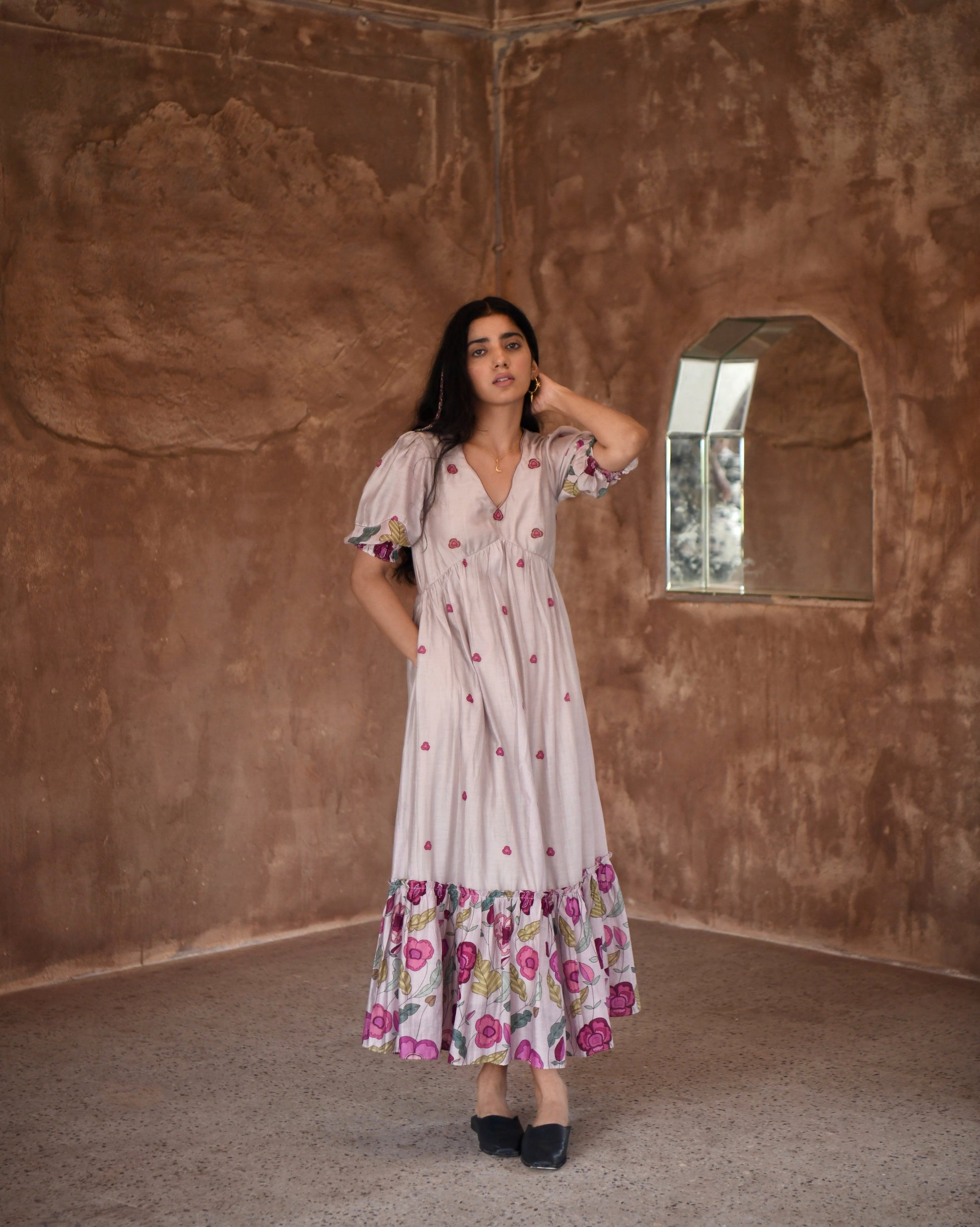 Blue Chanderi Silk Midi Dress at Kamakhyaa by Taro. This item is Azo Free Dyes, Beads, Beads work, Casual Wear, Chanderi Silk, Embroidered, Fitted At Bust, Garden Of Dreams, Grey, July Sale, July Sale 2023, Kurtas, Midi Dresses, Prints, Tiered Dresses, Womenswear