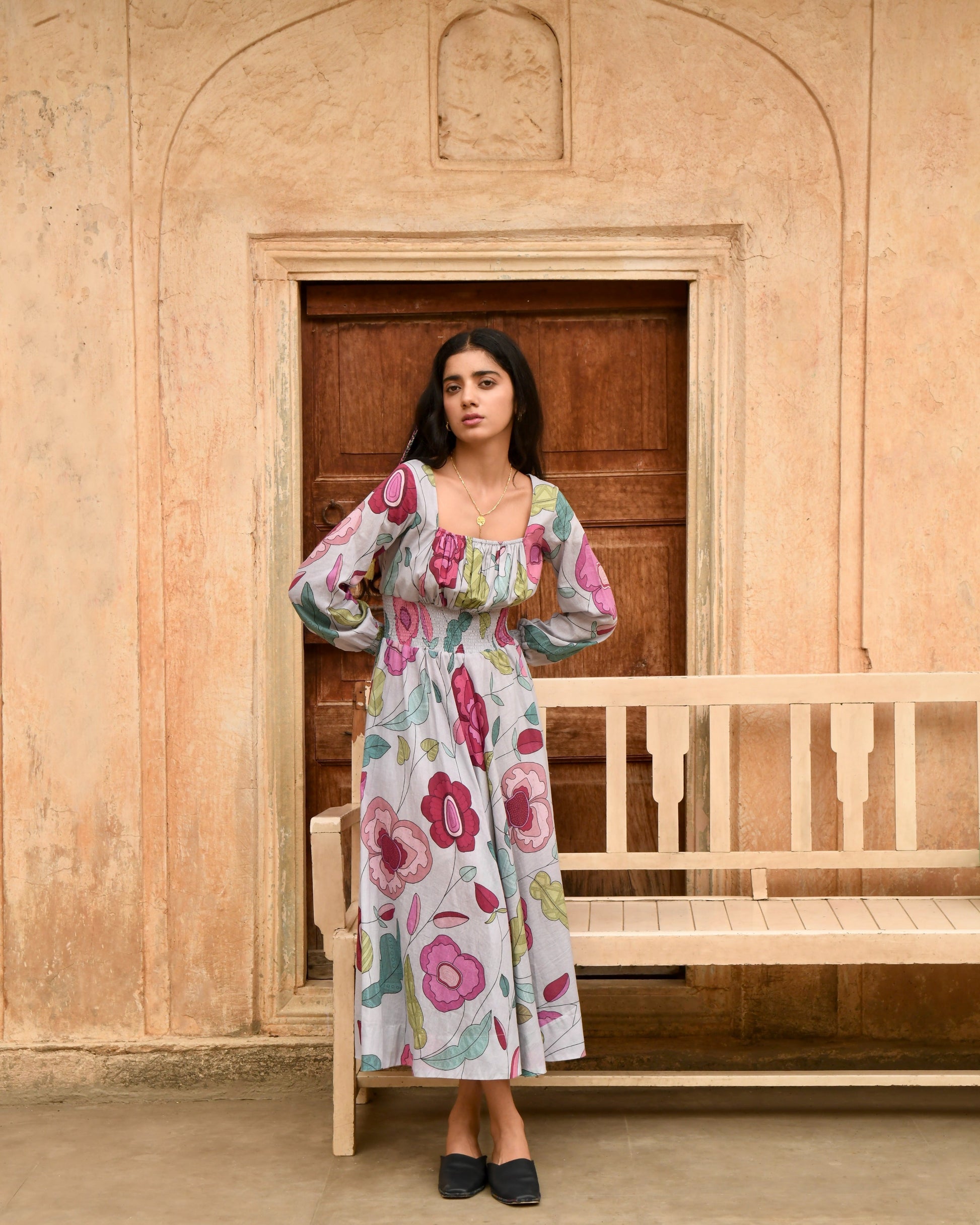 Grey Printed Midi Dress at Kamakhyaa by Taro. This item is Azo Free Dyes, Casual Wear, Fitted At Waist, Garden Of Dreams, Grey, Handwoven, July Sale, July Sale 2023, Midi Dresses, Mulmul, Prints, Womenswear