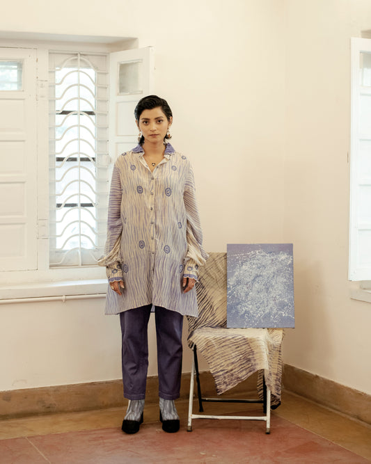 Ice Blink Shirt at Kamakhyaa by The Loom Art. This item is Casual Wear, Embroidered, Handwoven Cotton Silk, July Sale, July Sale 2023, Lucid Dreams, Luicid Dream, Organic, Purple, Relaxed Fit, Shirts, Womenswear
