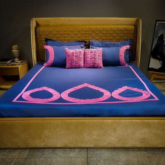 Majestic Sapphire Teardrop Elegance Bedsheet Set with Pillow Covers at Kamakhyaa by Aetherea. This item is 100% Cotton, 300 TC, 500 TC, Blue, Cushion, Designer Bedsheets, Home, King, Pink, Queen, Royal Blue, Solid, Teardrop