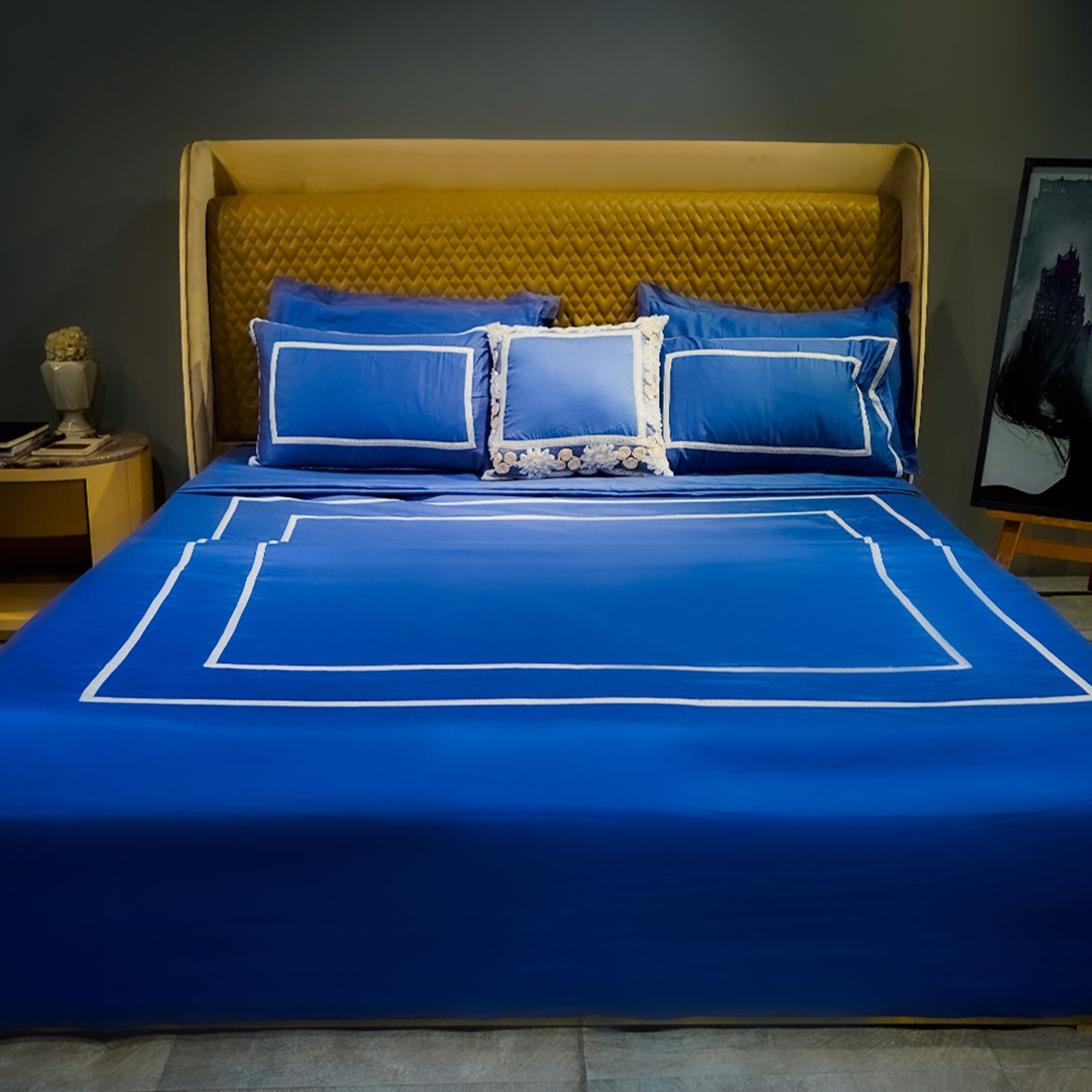 Majestic Sapphire Trimmed Bliss Set of 5 & 7 at Kamakhyaa by Aetherea. This item is 100% Cotton, 300 TC, 500 TC, Bed Sets, Blue, Cushion, Designer Bedsheets, Home, King, Lace, Queen, Royal Blue, Solid