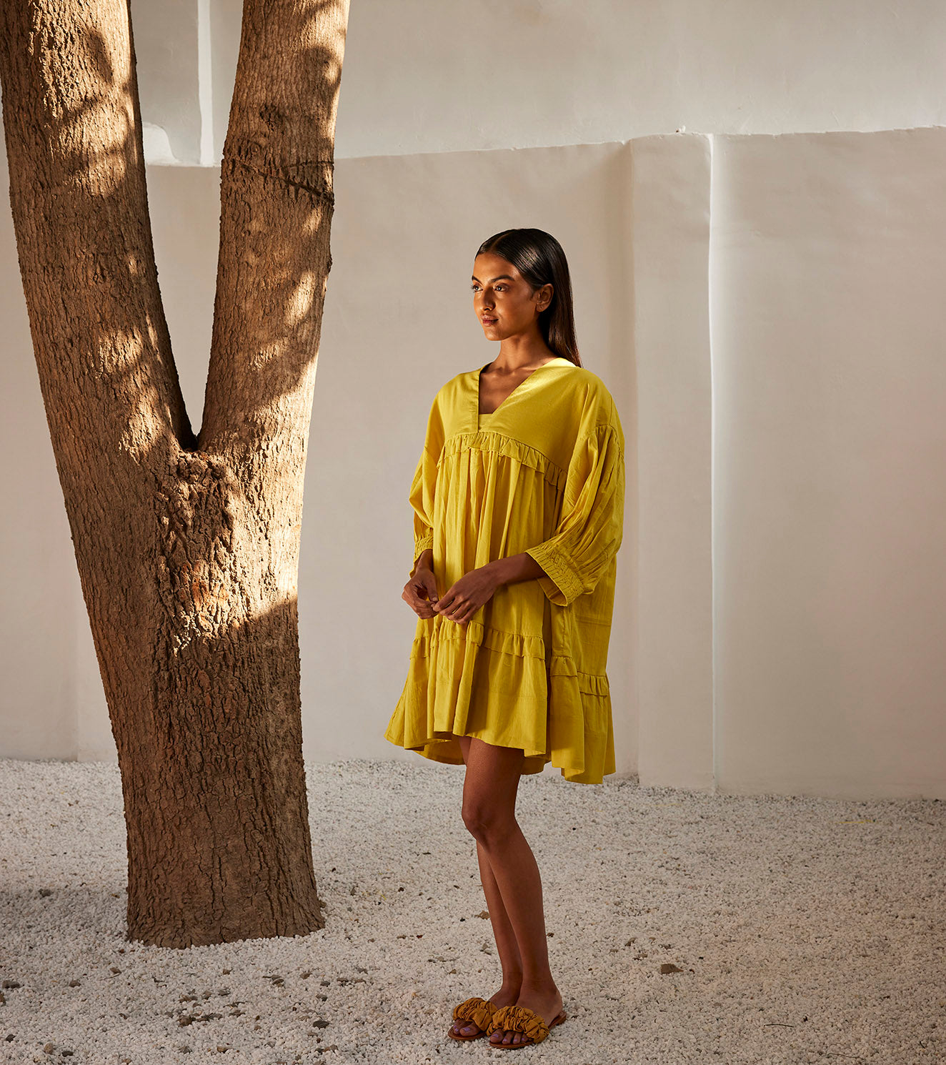 Marigold Dress at Kamakhyaa by Khara Kapas. This item is Casual Wear, Mini Dresses, Mul Cotton, Oh! Sussana Spring 2023, Organic, Relaxed Fit, Solids, Tiered Dresses, Womenswear, Yellow