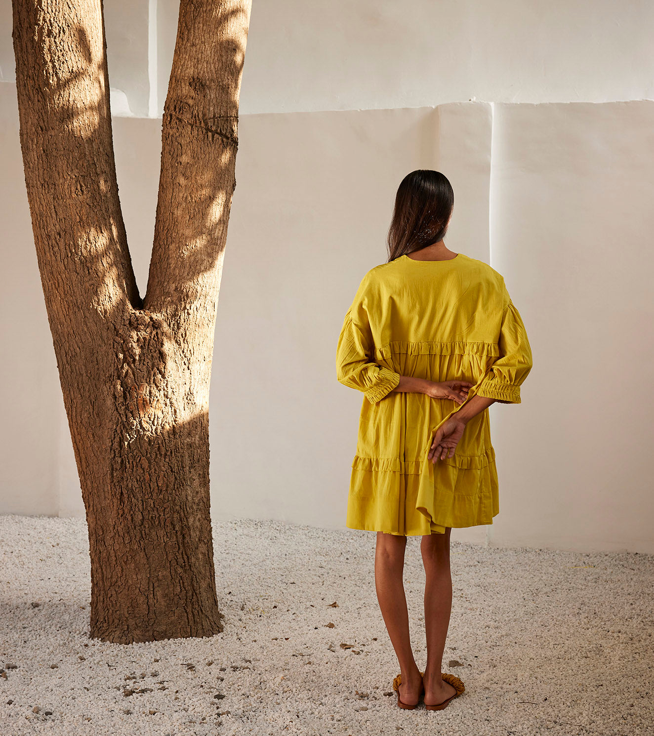 Marigold Dress at Kamakhyaa by Khara Kapas. This item is Casual Wear, Mini Dresses, Mul Cotton, Oh! Sussana Spring 2023, Organic, Relaxed Fit, Solids, Tiered Dresses, Womenswear, Yellow