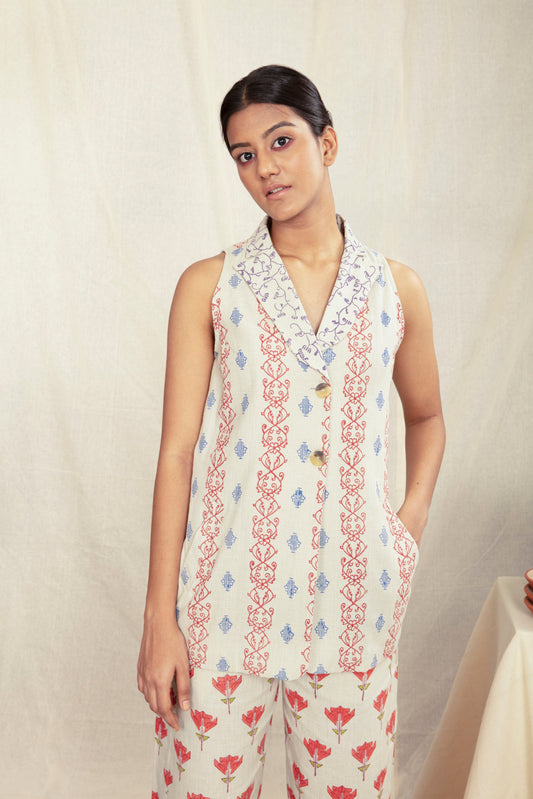Multicolor Custom Women's Vest at Kamakhyaa by Anushé Pirani. This item is Blazers, Block Prints, Handwoven Cotton, Lounge Wear, Multicolor, Natural, Overlays, Prints, Recurring Dream Collection, Regular Fit, Womenswear
