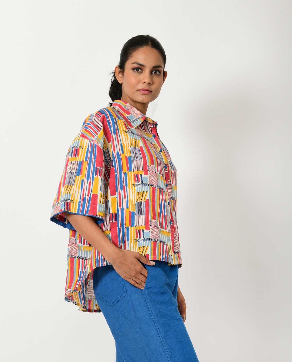 Multicolor Hand Block Linen Crop Shirt at Kamakhyaa by Rias Jaipur. This item is Block Prints, Casual Wear, Linen Blend, Multicolor, Natural, Relaxed Fit, Scribble Prints, Shirts, Womenswear, Yaadein