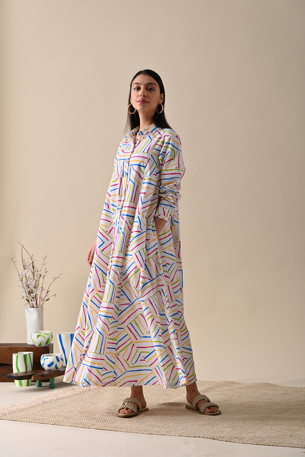 Multicolor Maxi Dress at Kamakhyaa by Kanelle. This item is Best Selling, Casual Wear, Dresses, July Sale, Life in Colours, Maxi Dresses, Multicolor, Natural with azo dyes, Organic Cotton, Prints, Relaxed Fit, Shirt Dresses, Womenswear