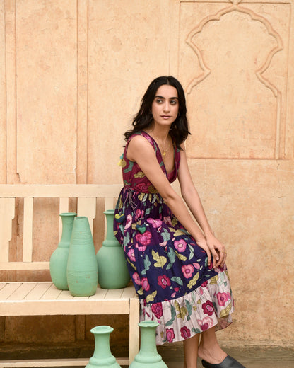Multicolor Tiered Dress at Kamakhyaa by Taro. This item is Azo Free Dyes, Best Selling, Casual Wear, Chanderi Silk, FB ADS JUNE, Garden Of Dreams, July Sale, July Sale 2023, Midi Dresses, Multicolor, Prints, Regular Fit, Sleeveless Dresses, Tiered Dresses, Womenswear