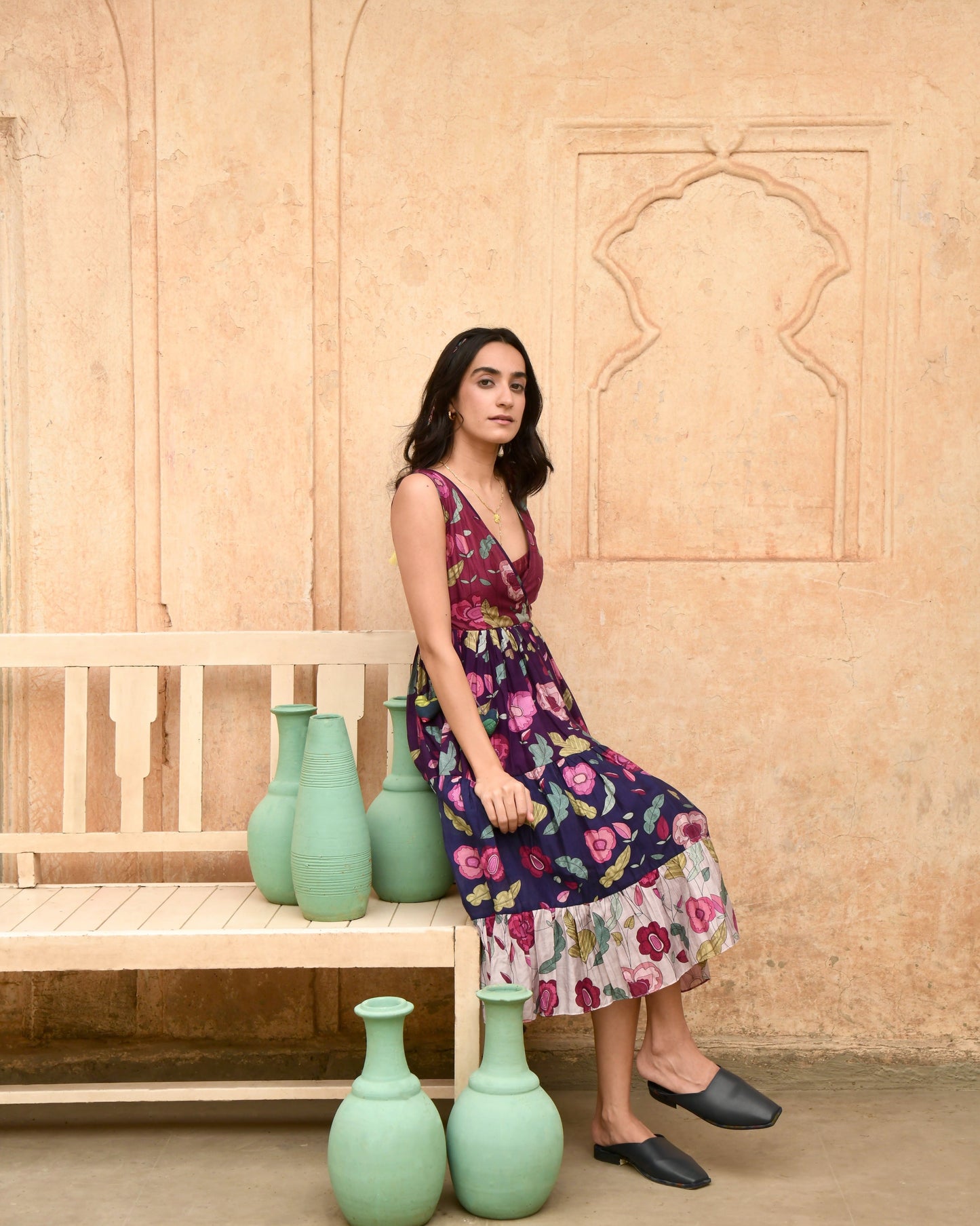 Multicolor Tiered Dress at Kamakhyaa by Taro. This item is Azo Free Dyes, Best Selling, Casual Wear, Chanderi Silk, FB ADS JUNE, Garden Of Dreams, July Sale, July Sale 2023, Midi Dresses, Multicolor, Prints, Regular Fit, Sleeveless Dresses, Tiered Dresses, Womenswear