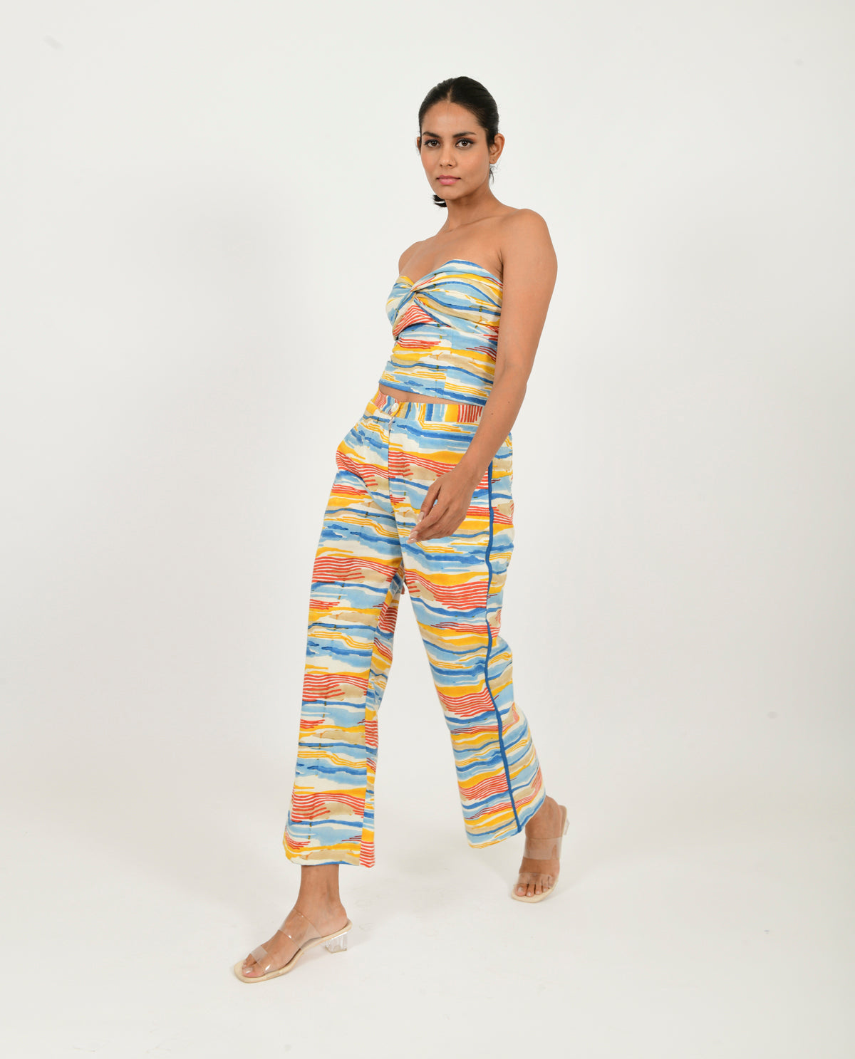 Multicolor Tube Top/Pant Co-ord Set at Kamakhyaa by Rias Jaipur. This item is 100% Organic Cotton, Block Prints, Casual Wear, Co-ord Sets, Multicolor, Natural, Scribble Prints, Slim Fit, Vacation Co-ords, Womenswear, Yaadein