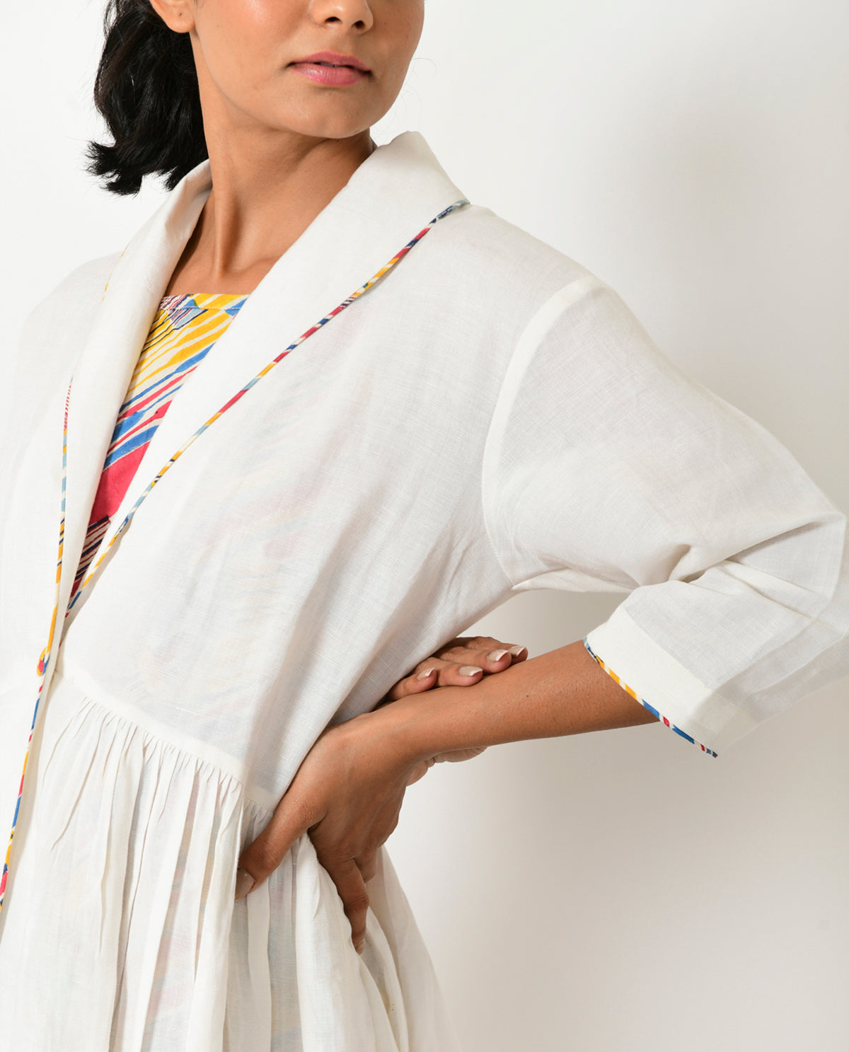 Off-White Linen Jacket at Kamakhyaa by Rias Jaipur. This item is Casual Wear, Jackets, Linen Blend, Natural, Relaxed Fit, Solids, White, Womenswear, Yaadein