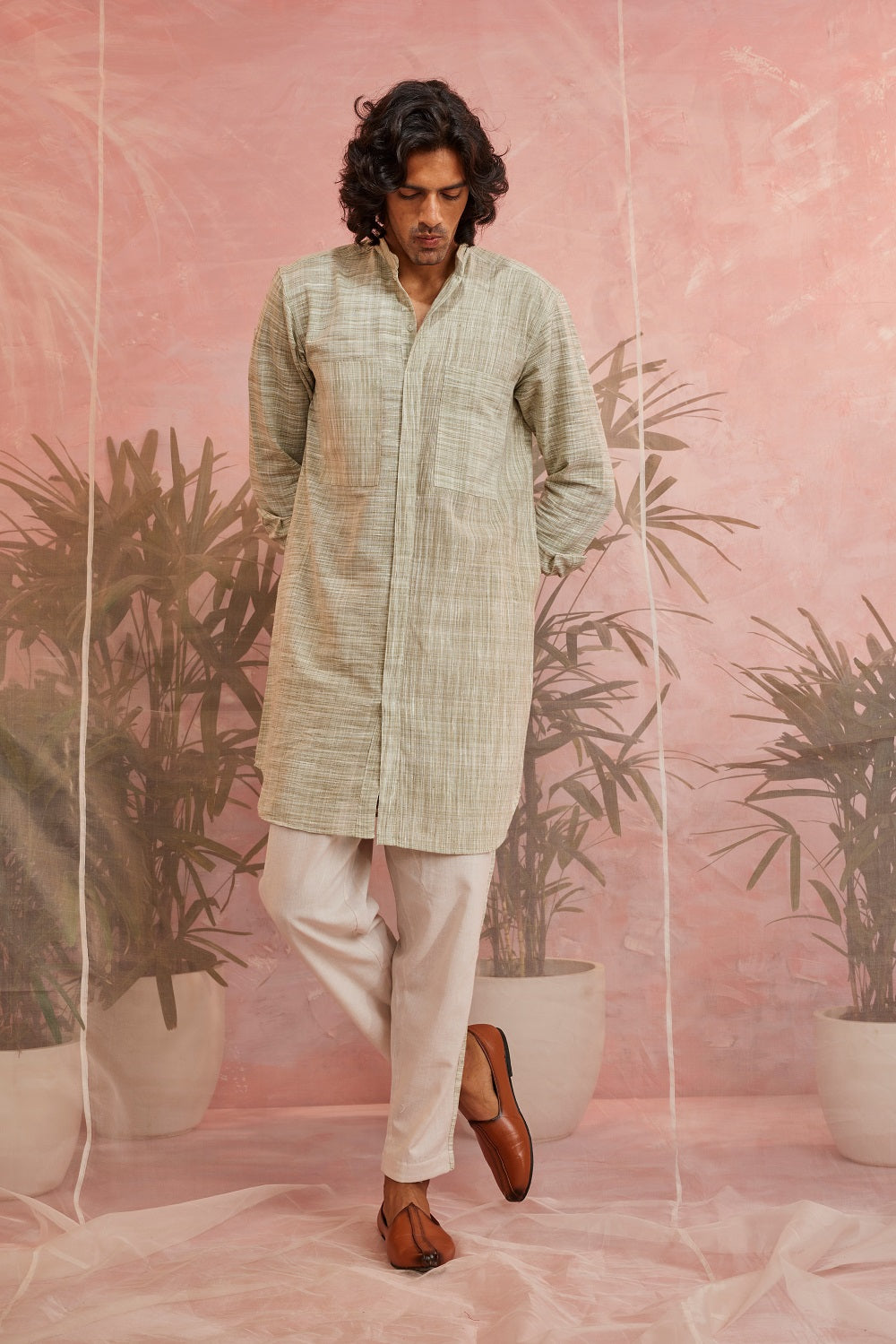 Olive Green Textured Kurta at Kamakhyaa by Charkhee. This item is Casual Wear, Cotton, For Father, Green, Kurtas, Menswear, Natural, Regular Fit, Textured, Tops