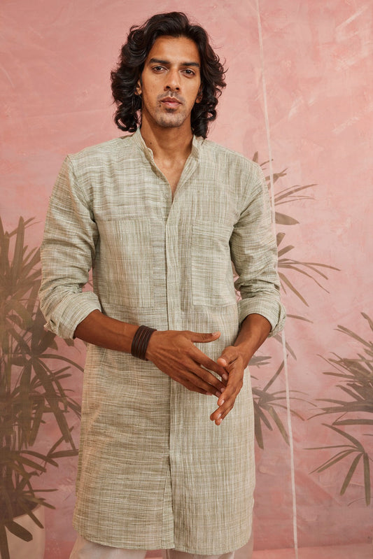 Olive Green Textured Kurta at Kamakhyaa by Charkhee. This item is Casual Wear, Cotton, For Father, Green, Kurtas, Menswear, Natural, Regular Fit, Textured, Tops