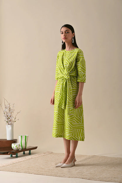 Olive Midi Dress at Kamakhyaa by Kanelle. This item is Casual Wear, Dresses, For Her, July Sale, Life in Colours, Midi Dresses, Natural with azo dyes, Olive Green, Organic Cotton, Prints, Regular Fit, Womenswear, Wrap Dresses