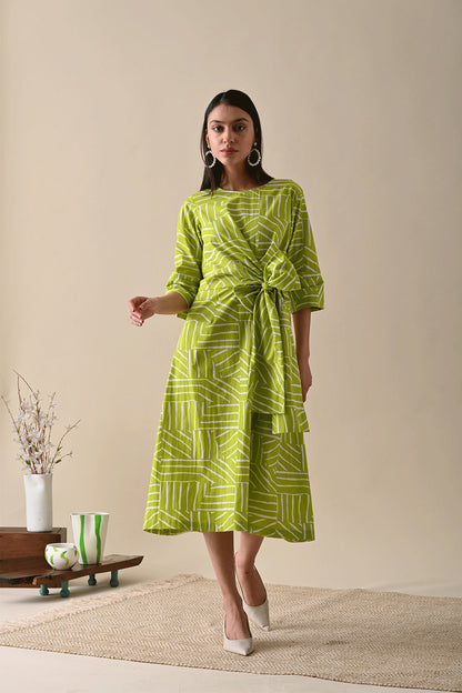 Olive Midi Dress at Kamakhyaa by Kanelle. This item is Casual Wear, Dresses, For Her, July Sale, Life in Colours, Midi Dresses, Natural with azo dyes, Olive Green, Organic Cotton, Prints, Regular Fit, Womenswear, Wrap Dresses