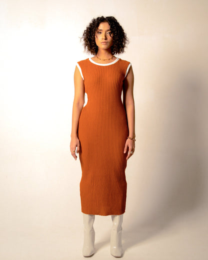 Orange Midi Dress at Kamakhyaa by Meko Studio. This item is Cut Out Dresses, Evening Wear, Hand Knitted, July Sale, July Sale 2023, Midi Dresses, Orange, Recycled Cotton, Recycled Polyster, Sleeveless Dresses, Slim Fit, Solids, Tranquil AW-22/23, Womenswear