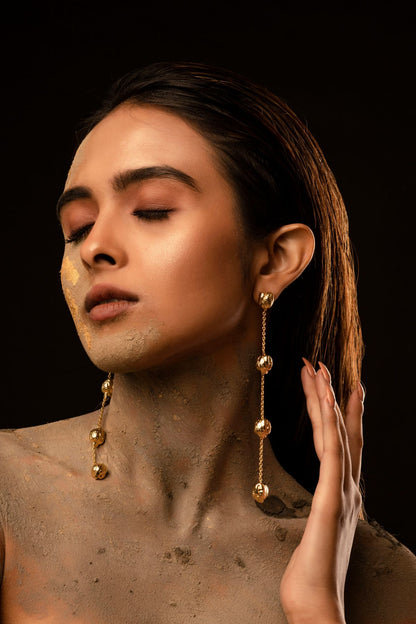 Pea-serve Long Earring at Kamakhyaa by Amalgam By Aishwarya. This item is Brass dipped in gold, Eating to Existance, Fashion Jewellery, Free Size, Gold, jewelry, Long Earrings, Natural, Solids