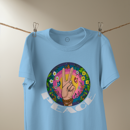 Peace 100% Cotton Oversized Blue T-shirt at Kamakhyaa by Unfussy. This item is 100% cotton, Blue, Casual Wear, Organic, Oversized Fit, Printed, T-Shirts, Unfussy, Unisex, Womenswear