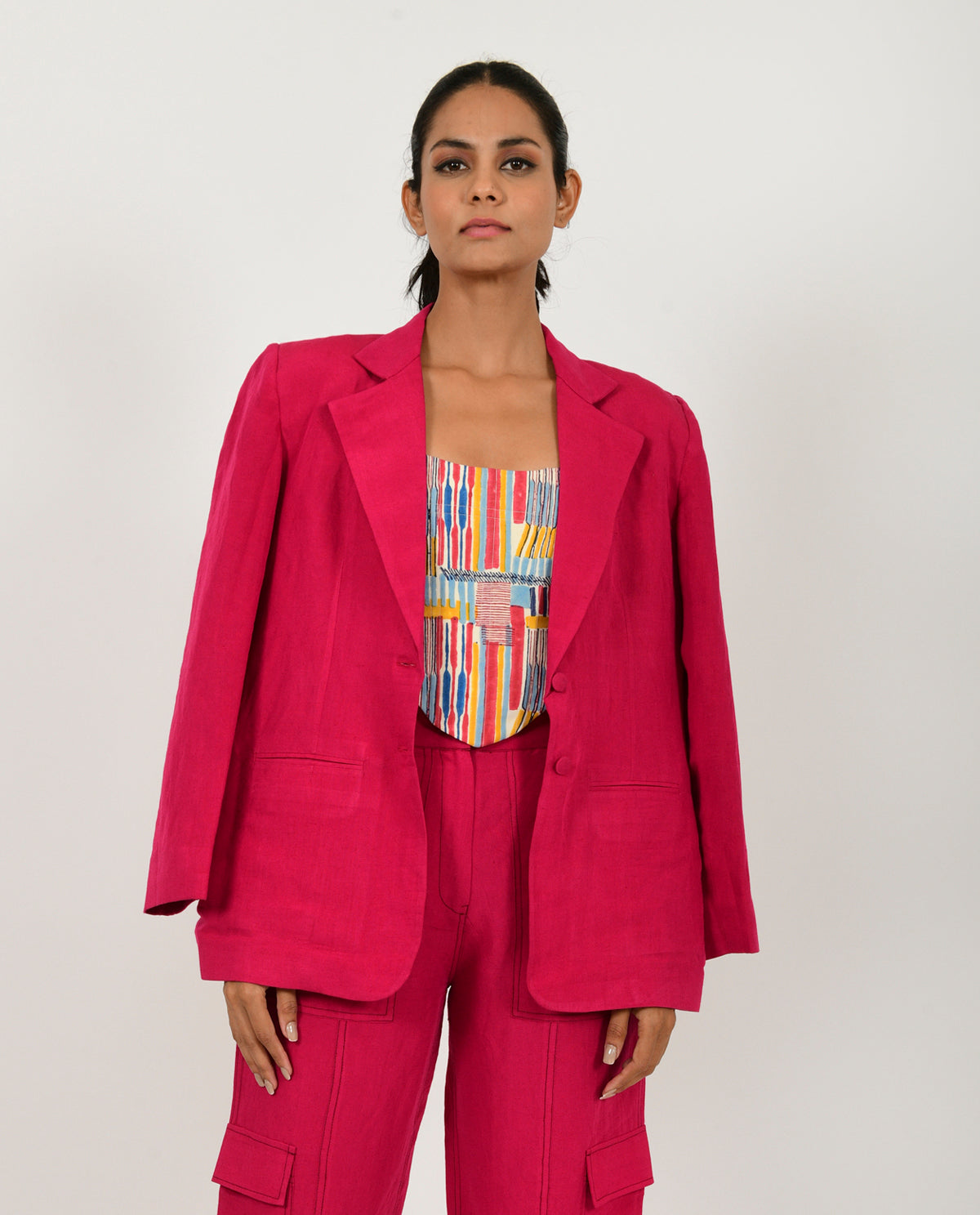 Pink Linen Cargo Jacket at Kamakhyaa by Rias Jaipur. This item is Blazers, Casual Wear, Linen Blend, Natural, Organic Cotton, Pink, Regular Fit, Solids, Womenswear, Yaadein