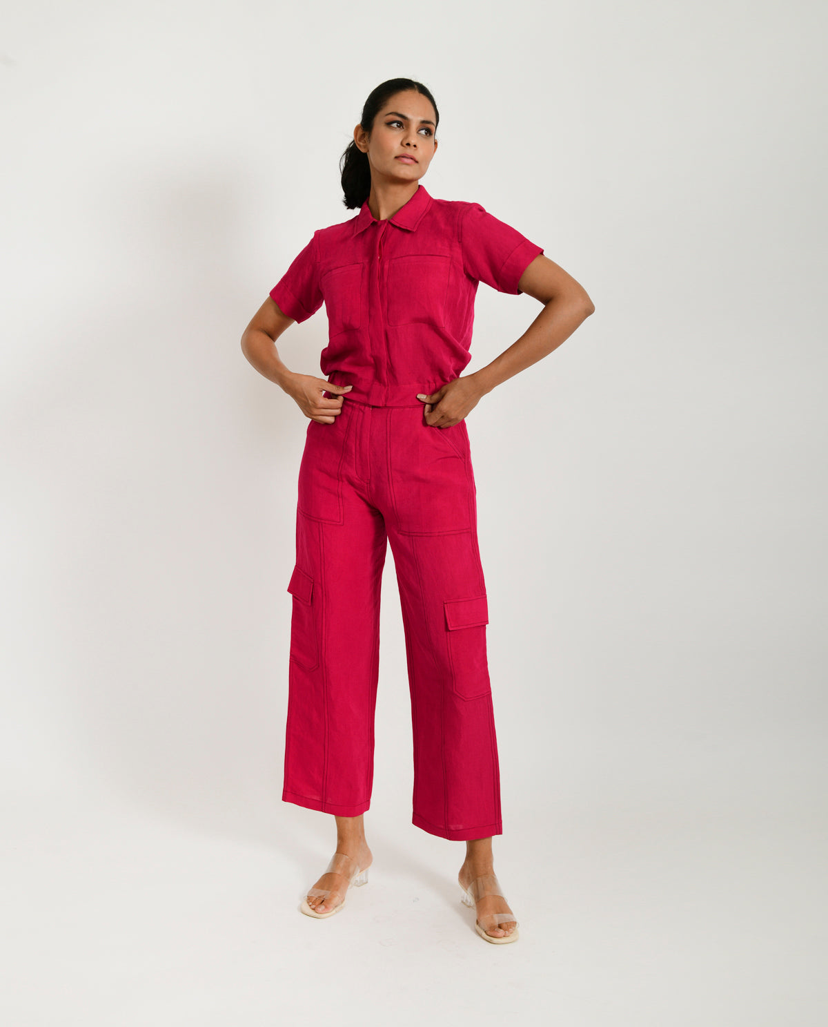 Pink Linen-Co-ord at Kamakhyaa by Rias Jaipur. This item is Co-ord Sets, Linen Blend, Natural, Office Wear, Office Wear Co-ords, Pink, Regular Fit, Solids, Womenswear, Yaadein