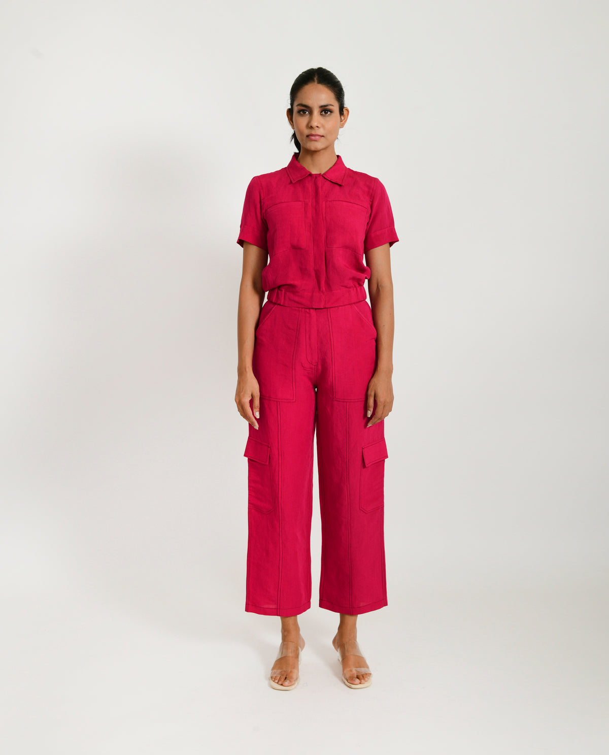 Pink Linen-Co-ord at Kamakhyaa by Rias Jaipur. This item is Co-ord Sets, Linen Blend, Natural, Office Wear, Office Wear Co-ords, Pink, Regular Fit, Solids, Womenswear, Yaadein