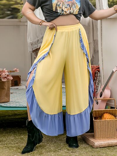 Plus Size Contrast Ruffled Wide Leg Pants at Kamakhyaa by Trendsi. This item is H.R.Z, Ship From Overseas, Trendsi, Womenswear