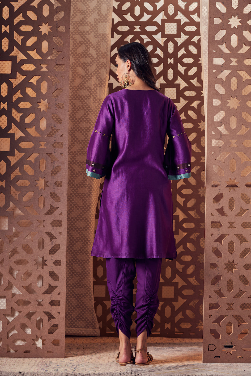 Purple Chanderi Bell Sleeve Kurta with Salwar - Set of 3 at Kamakhyaa by Charkhee. This item is Chanderi, Cotton, Embroidered, Ethnic Wear, Indian Wear, Kurta Salwar Sets, Kurta Set With Dupatta, Naayaab, Natural, Nayaab, Purple, Relaxed Fit, Womenswear