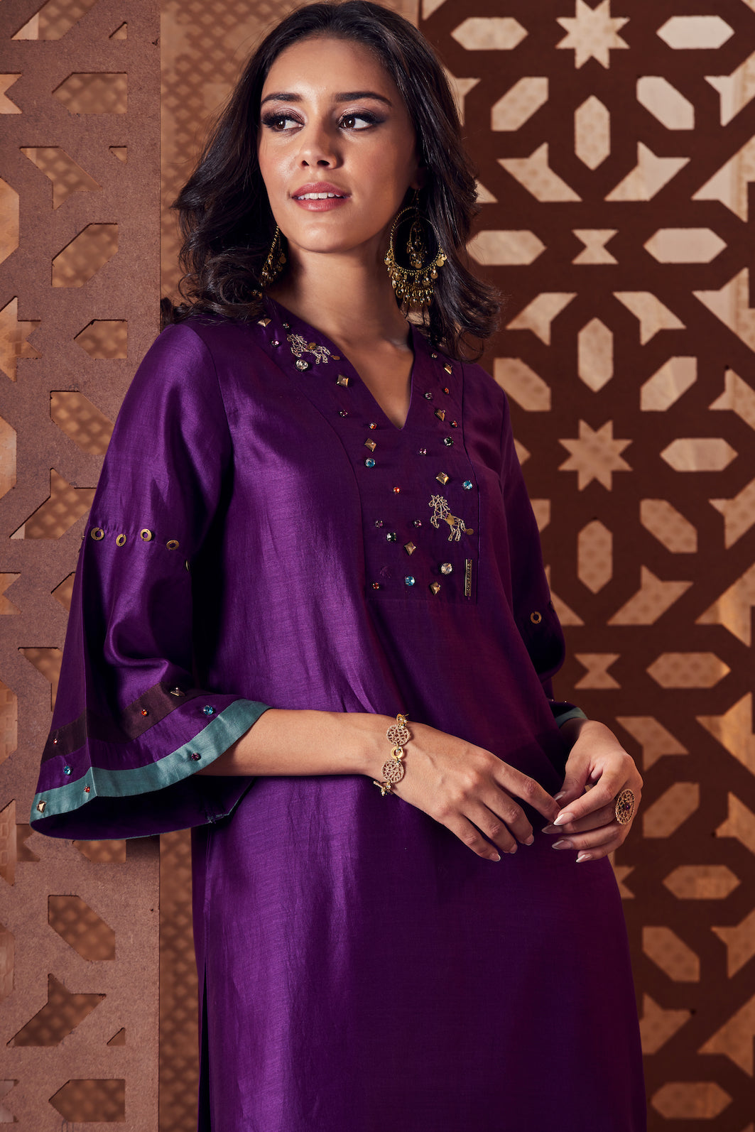 Purple Chanderi Bell Sleeve Kurta with Salwar - Set of 3 at Kamakhyaa by Charkhee. This item is Chanderi, Cotton, Embroidered, Ethnic Wear, Indian Wear, Kurta Salwar Sets, Kurta Set With Dupatta, Naayaab, Natural, Nayaab, Purple, Relaxed Fit, Womenswear