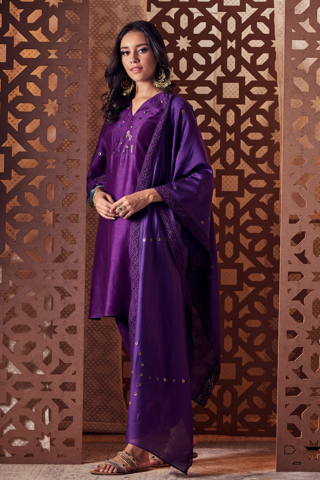 Purple Chanderi Bell Sleeve Kurta with Salwar - Set of 3