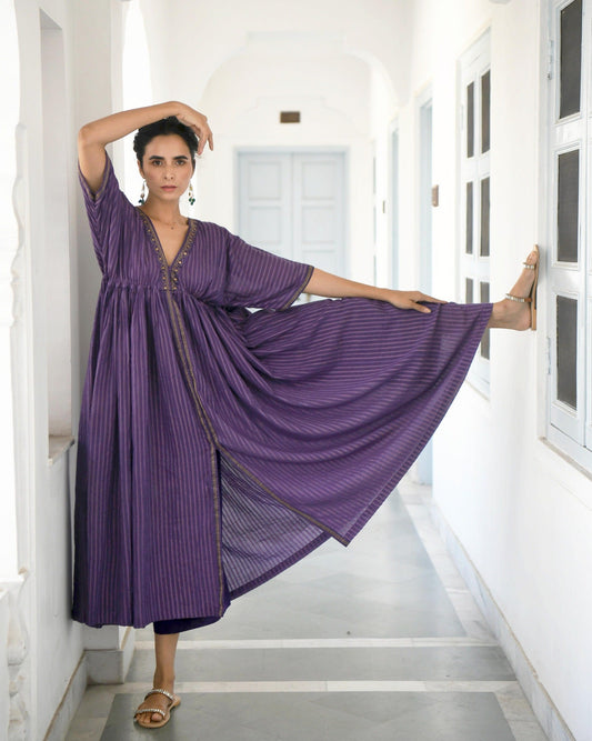 Purple Embroidered Cotton Kaftan Set at Kamakhyaa by Taro. This item is Co-ord Sets, Evening Wear, Handwoven Cotton, July Sale, July Sale 2023, Kaftan Set, Natural, party, Party Wear Co-ords, Purple, Regular Fit, Sitara Taro, Textured, Womenswear