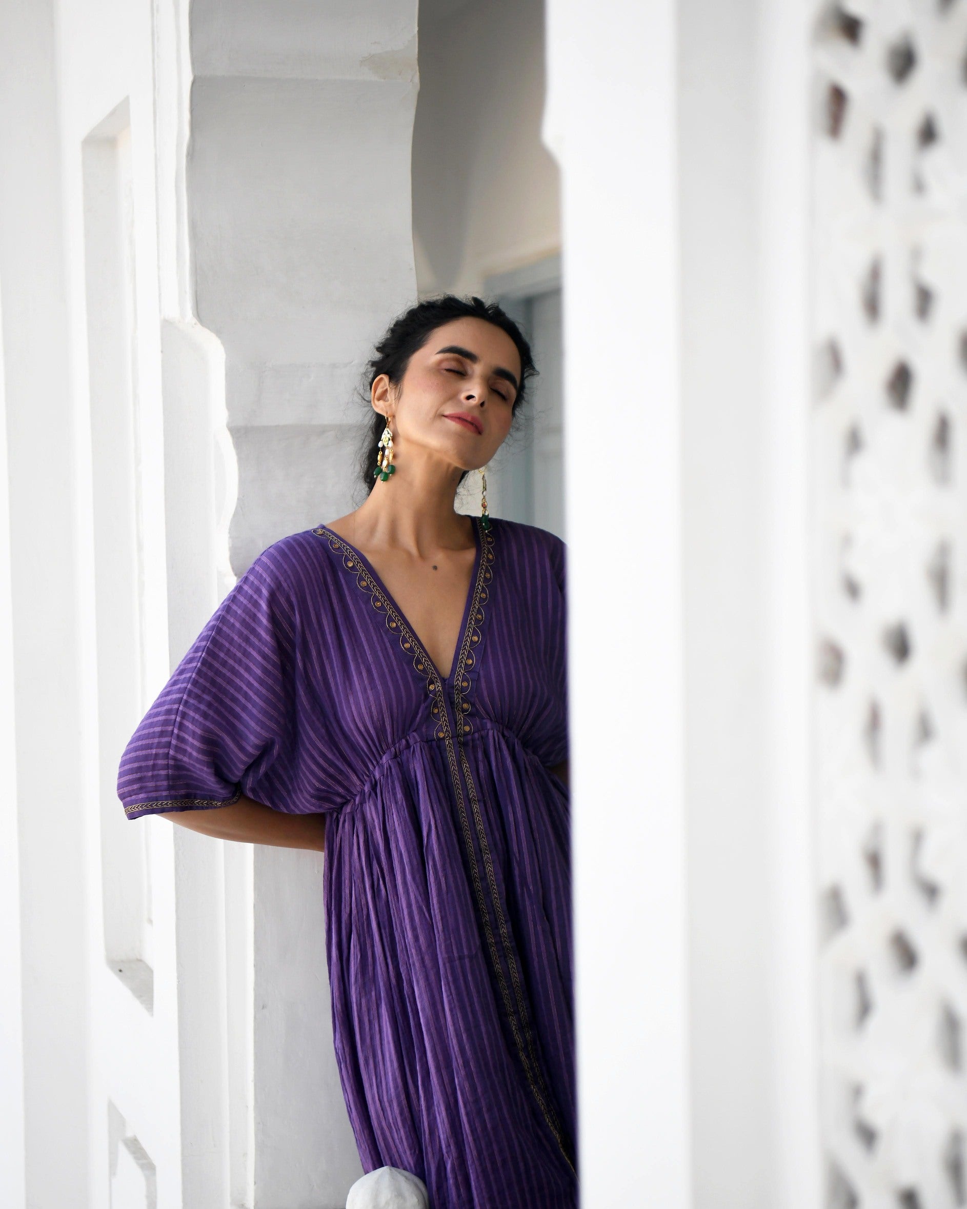 Purple Embroidered Cotton Kaftan Set at Kamakhyaa by Taro. This item is Co-ord Sets, Evening Wear, Handwoven Cotton, July Sale, July Sale 2023, Kaftan Set, Natural, party, Party Wear Co-ords, Purple, Regular Fit, Sitara Taro, Textured, Womenswear