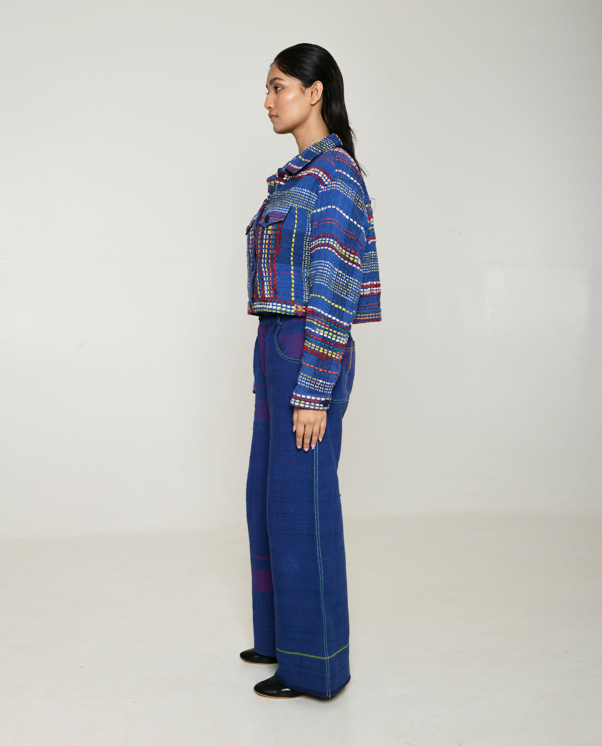 Recycled Blue Multi Colored Cotton Jacket at Kamakhyaa by Rias Jaipur. This item is 100% Cotton, Blue, Casual wear, Multicolor, Natural, Overlays, RE 2.O, Regular, Stripes, Unisex, Womenswear