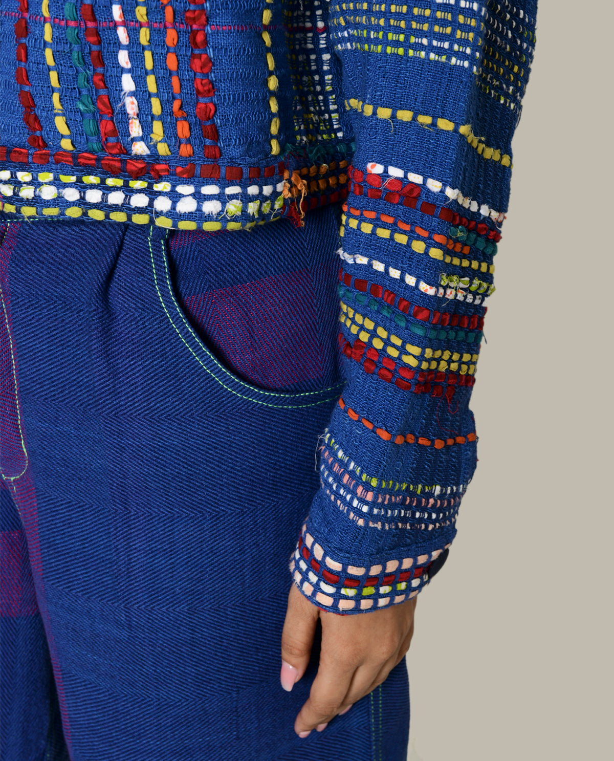Recycled Blue Multi Colored Cotton Jacket at Kamakhyaa by Rias Jaipur. This item is 100% Cotton, Blue, Casual wear, Multicolor, Natural, Overlays, RE 2.O, Regular, Stripes, Unisex, Womenswear