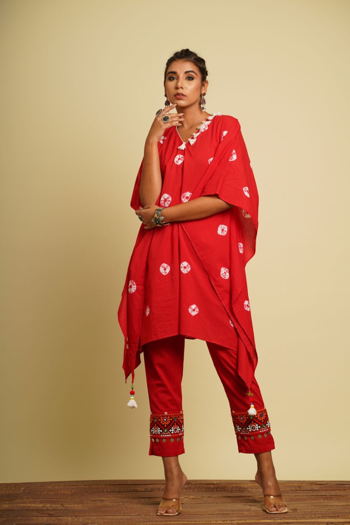 Red Embroidered Cotton Co-ord Set at Kamakhyaa by Keva. This item is 100% cotton, Co-ord Sets, For Anniversary, Fusion Wear, Kaftan Set, Natural, New, Ombre & Dyes, party, Party Wear Co-ords, Red, Relaxed Fit, Saba, Womenswear